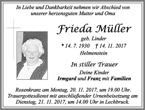 Traueranzeigen Von Frieda M Ller Allg Uer Zeitung