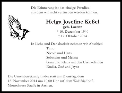 Traueranzeigen von Helga Josefine Keßel Aachen gedenkt