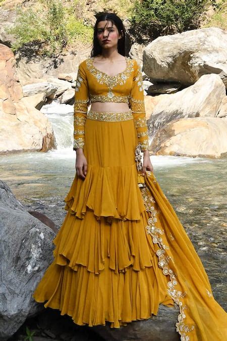 Buy Yellow Crepe Hand Embroidered Mirror V Neck Ruffle Layered Lehenga