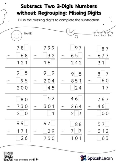 Subtract Two 3 Digit Numbers Without Regrouping Missing Digits Worksheet