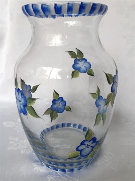 Hand Painted Blue Flowers Glass Vase Great For T Giving Etsy