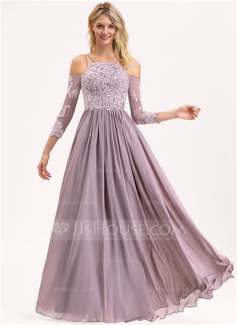 A Line Square Neckline Floor Length Chiffon Lace Bridesmaid Dress