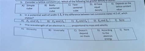 Solved 5- Consider a lattice constant (a). Which of the | Chegg.com