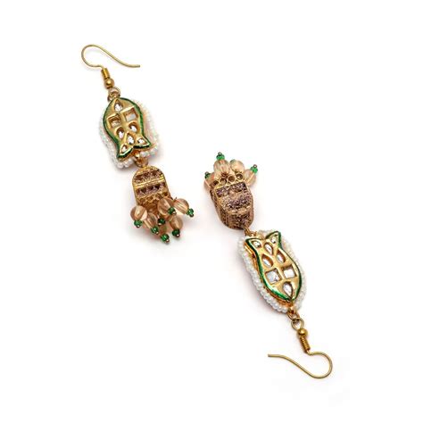 Buy Dugran By Dugristyle Green And Peach Jhumkas Earring With Kundan