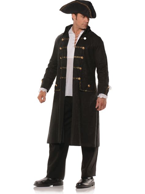 Mens Black Pirate Captain Coat And Hat Costume Set