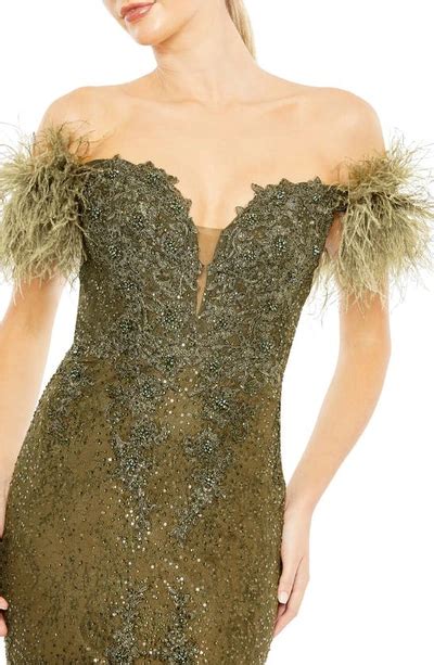 Mac Duggal Off The Shoulder Feather Embellished Mermaid Gown In Olive