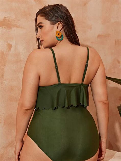 Plus Flounce Scallioped Trim High Waisted Bikini Swimsuit SHEIN USA