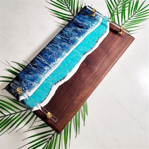 Ocean Wave Walnut Epoxy Charcuterie Board W Handles Cheese Etsy