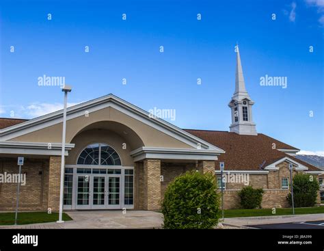 Modern Church Entrance & Steeple Stock Photo - Alamy