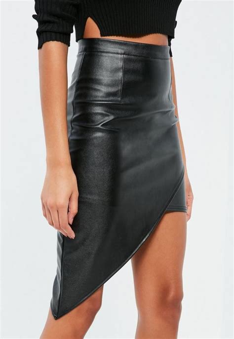 Black Asymmetric Faux Leather Midi Skirt Missguided