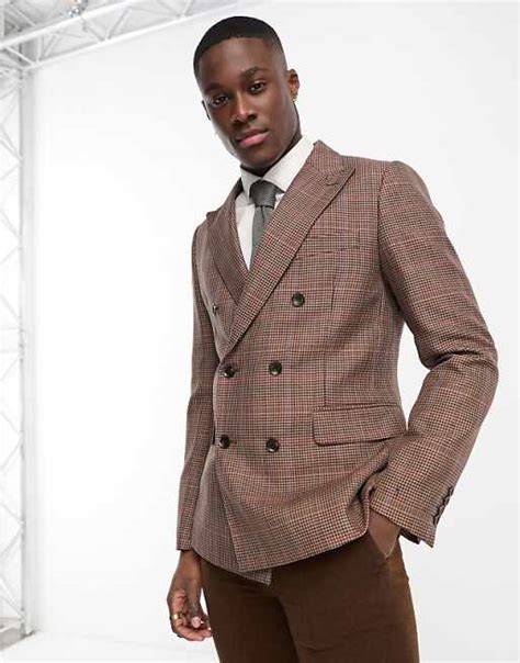 Gianni Feraud Double Breasted Slim Suit Jacket In Brown Herringbone Asos