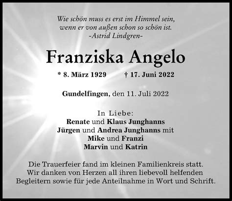 Traueranzeigen Von Franziska Angelo Augsburger Allgemeine Zeitung