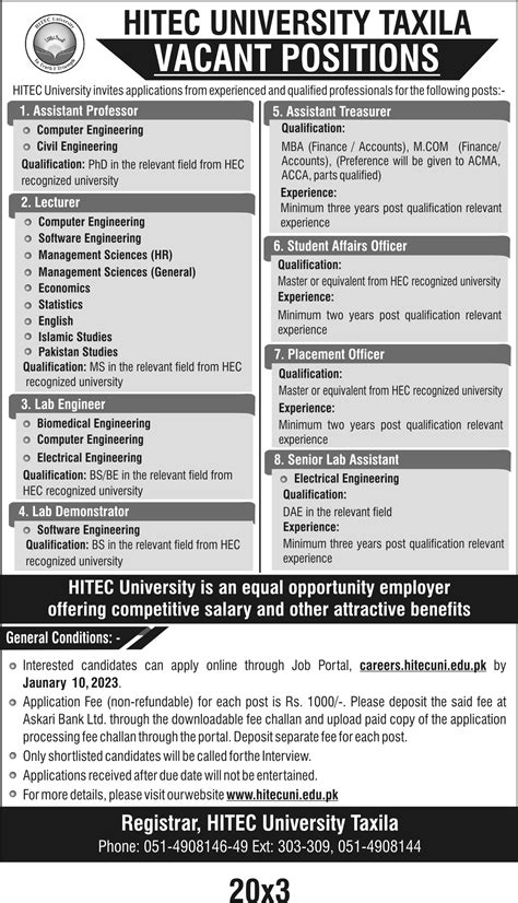 HITEC University Taxila Jobs 2024 Apply Online