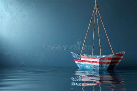 Origami Paper Boat With American Flag Sailing On Water Represents Themes Of Journey And