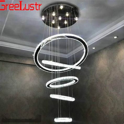 Grande lustre de cristal luxo led luminária 5 anéis círculo led