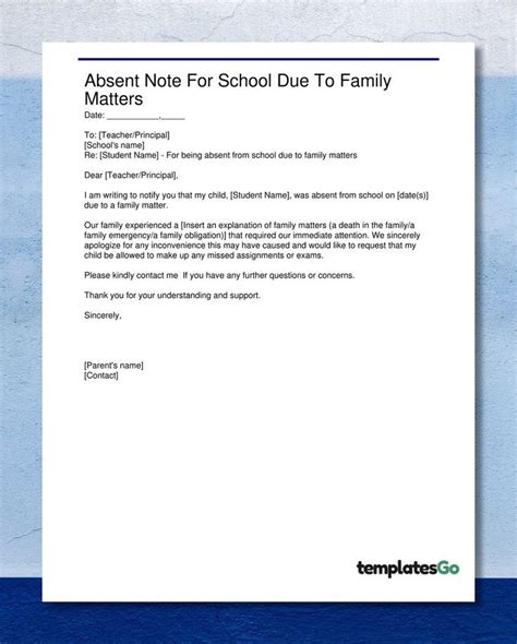 Absent Note For School Due To Family Matters (Create Your Letter In 1 minute) | Absent from ...