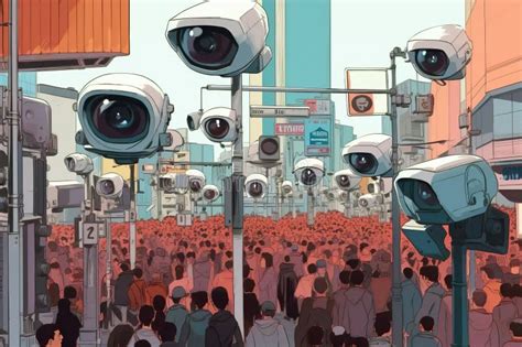 Mass Surveillance Concept Multiple Security Cameras Observing Crowded