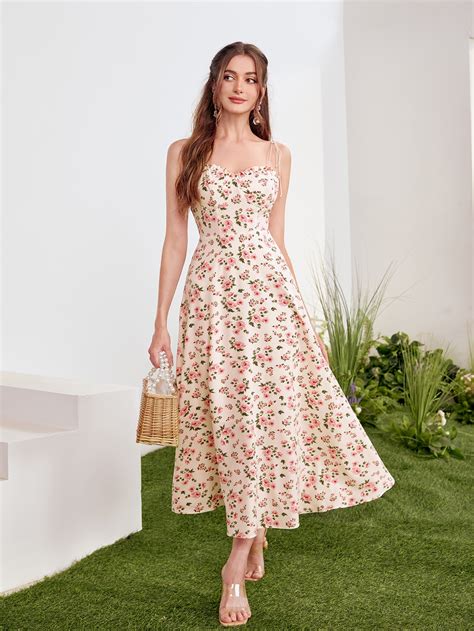 Shein Vcay Vestido De Tirantes Con Estampado Floral De Hombro Con Nudo