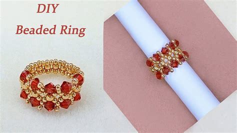 Diy Beaded Vintage Ring With Red Bicone Crystal Beads And Gold Seed