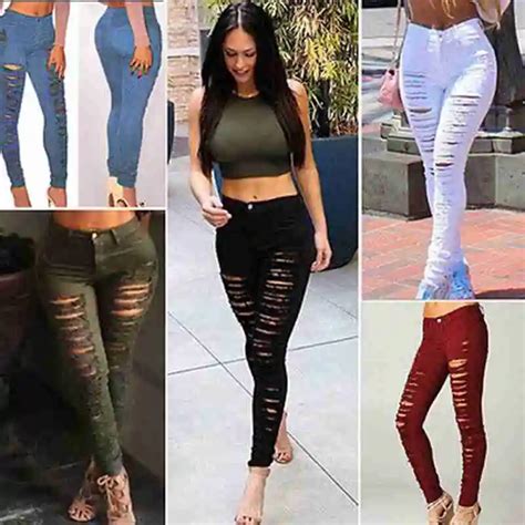 Fashion Women Denim Skinny Ripped Pants High Waist Stretch Jeans Hole