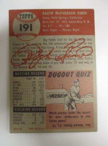 1953 TOPPS Baseball Card 191 Ralph Kiner EBay