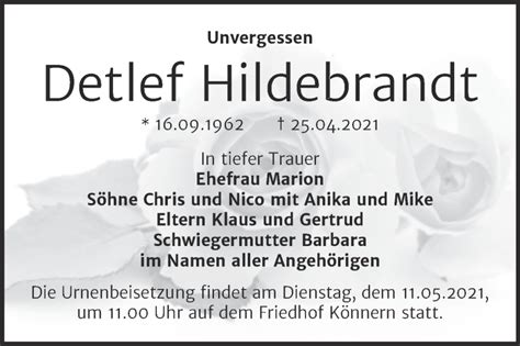 Traueranzeigen Von Detlef Hildebrandt Abschied Nehmen De