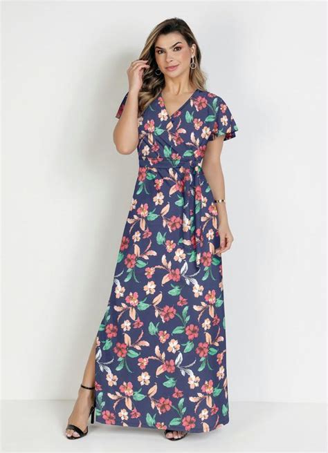 Vestido Floral Marinho Faixa Moda Evangélica Rosalie