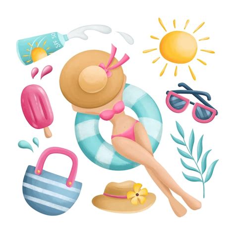 Set D illustrations à L aquarelle De Fille Portant Un Bikini Et Des éléments D été Vecteur Premium