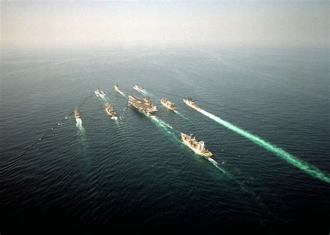 An Aerial Port Quarter View Of Various U S Navy Ships Underway They