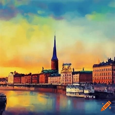 Painting Of Stockholm Skyline With Swedish Flag On Craiyon