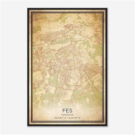 Vintage Fes Morocco Map Poster, Fes City Road Wall Art Print - Custom