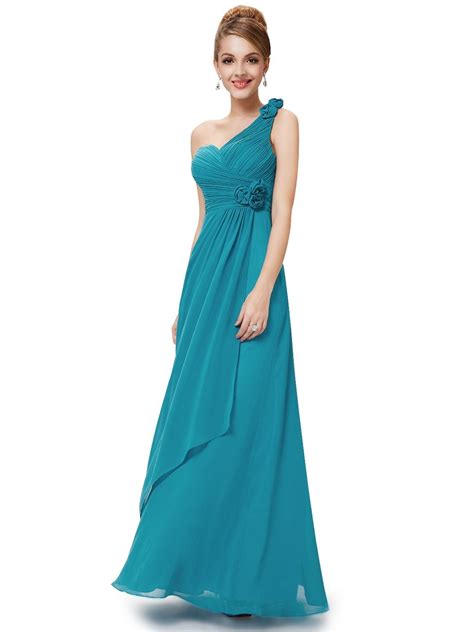 Teal Chiffon One Shoulder Long Bridesmaid Dresses And Floral Detail