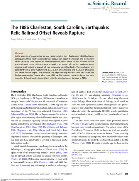 Pdf The 1886 Charleston South Carolina Earthquake Relic Railroad Offset Reveals Rupture