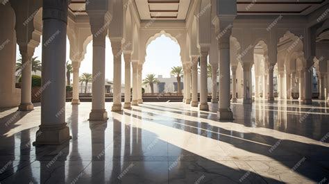 Premium Photo A Tranquil Mosque Courtyard With Marble Flooring