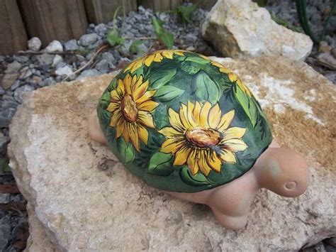 Terra Cotta Turtle Sunflowers Hand Painted Bright Yellows Green