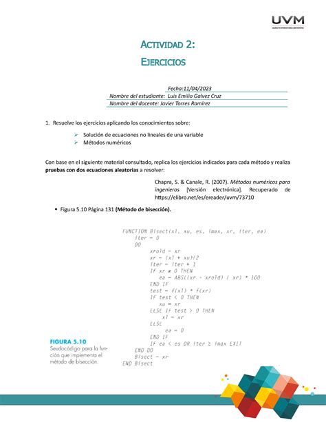 Tarea Metodos Numericos 2 ACTIVIDAD 2 EJERCICIOS Fecha 11 04