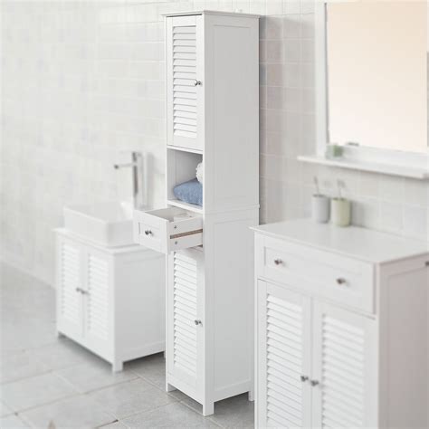 Haotian White Floor Standing Tall Bathroom Storage Cabinet With Shelves And Drawerslinen Tower