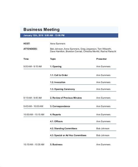 Business Meeting Agenda Templates Free Sample Example Format