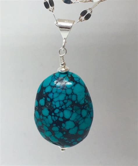 Large Genuine Turquoise Pendant Necklace Sterling Silver