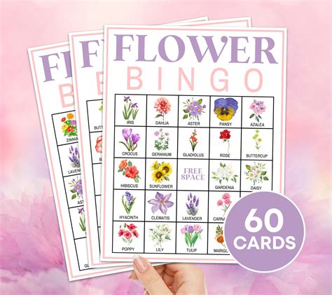 60 Flower Bingo Cards Printable Game Floral Spring Bingo Boards Kids