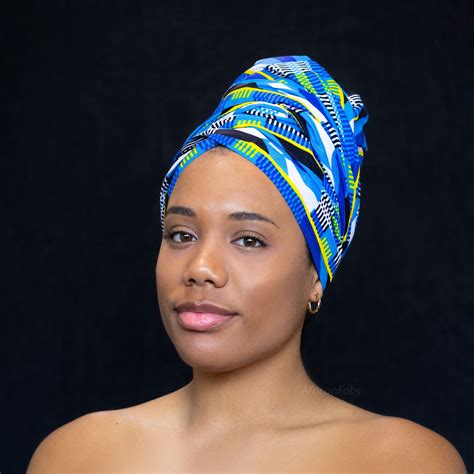 Foulard Africain Turban Wax Bleu Blanc Kente Africanfabs