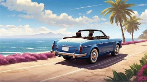 Premium Photo A Blue Car Driving Down A Road Next To The Ocean And