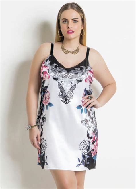 Vestido Em Cetim Floral E Branco Plus Size Quintess