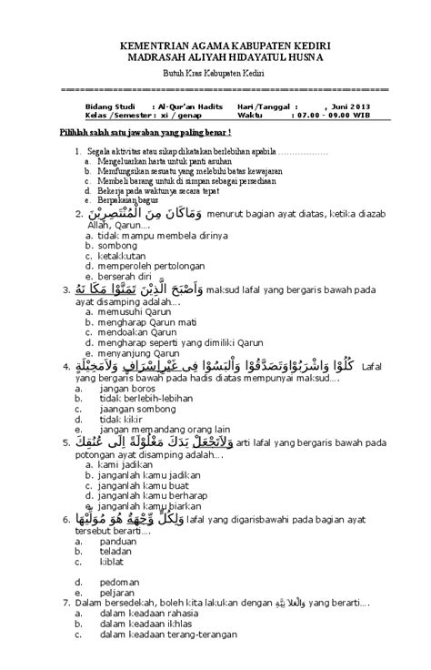 Soal Alquran Hadits Kelas 10