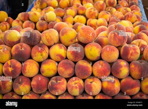 Background Of Peaches Ripe And Juicy Peaches Are Sold At The Farmers