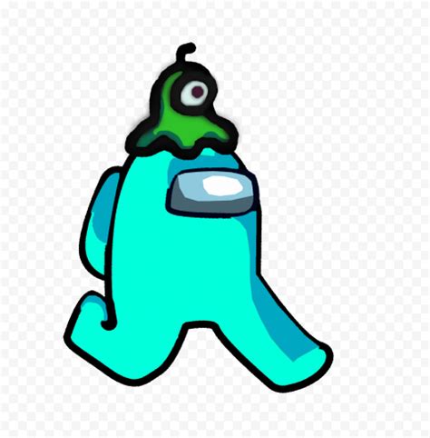 HD Cyan Among Us Character Walking With Brain Slug Hat PNG Citypng