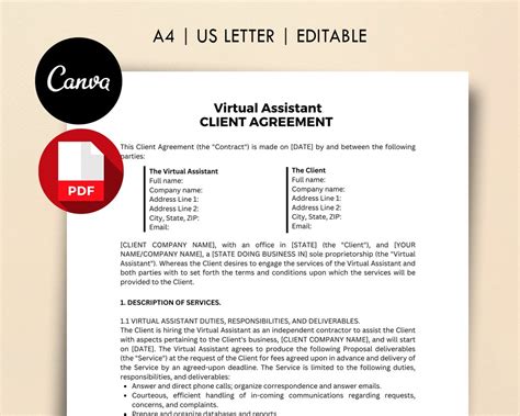 Virtual Assistant Client Contract Agreement Template Editable Canva