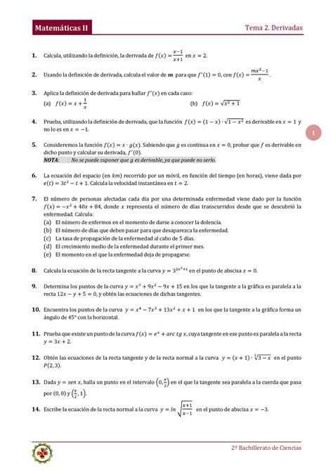 Ejercicios De Derivadas Y Derivabilidad Matem Ticas Ii Tema