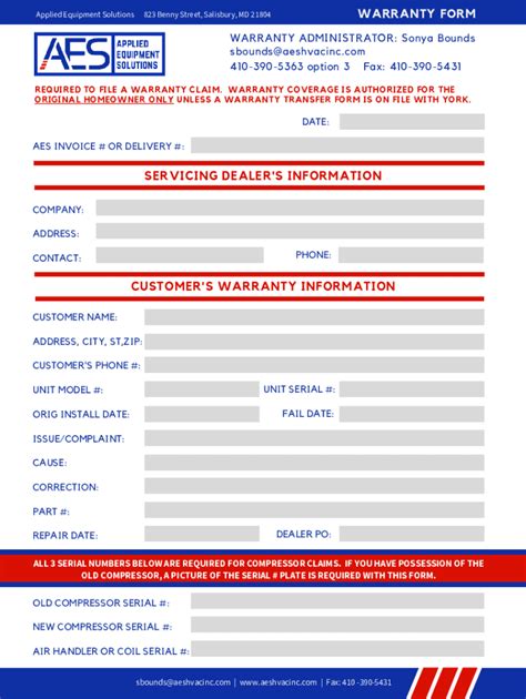 Fillable Online Aes Warranty Form Applied Equipment Solutions Fax