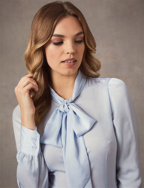 Womens Light Blue Fitted Lightweight Satin Blouse Pussy Bow Hawes